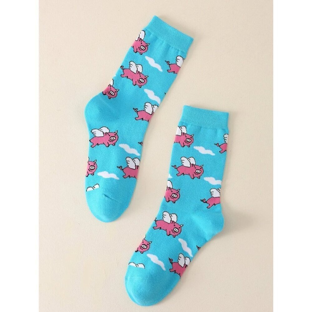Women's Cartoon Pig Pattern Mid Length Crew Fun, Rich And Colorful Socks